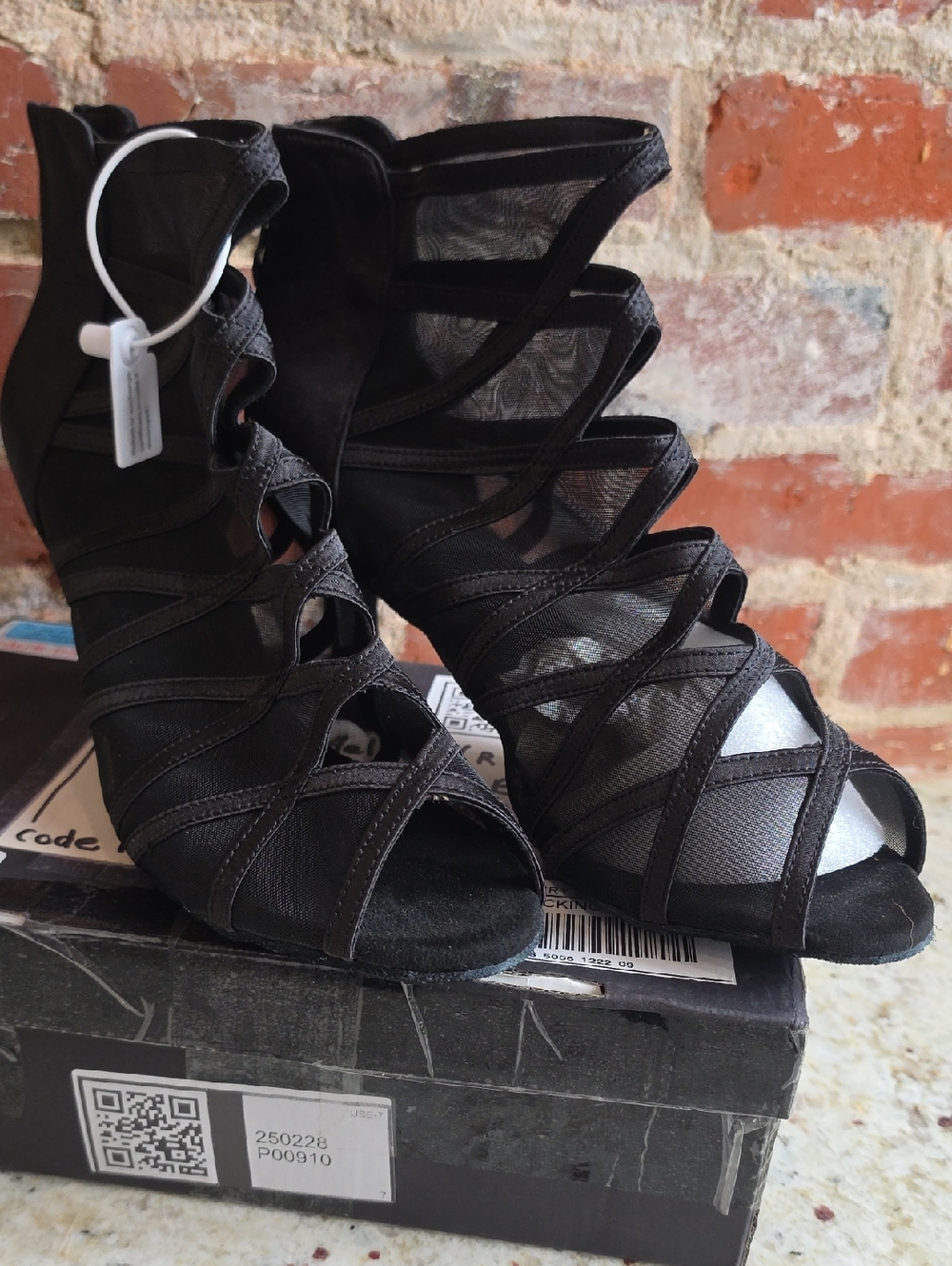Black Strappy Mesh Peep-Toe Heels
